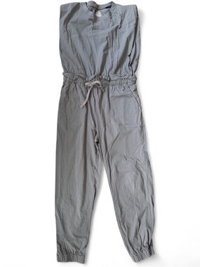 Casual Women's Gray Jumpsuit with Drawstring Waist and Padded Shoulders
